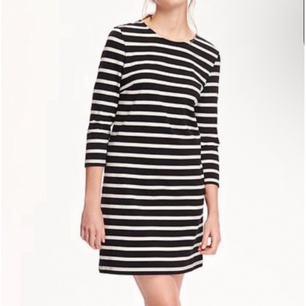 Old Navy Womens Striped Shift Dress S Small Black White 3/4 Sleeve Casual Preppy